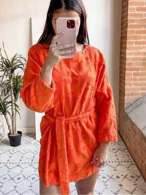 Lucy Folk Orange Sol Belted Cotton Terry Mini Dress Cover Up Resort Wear Small